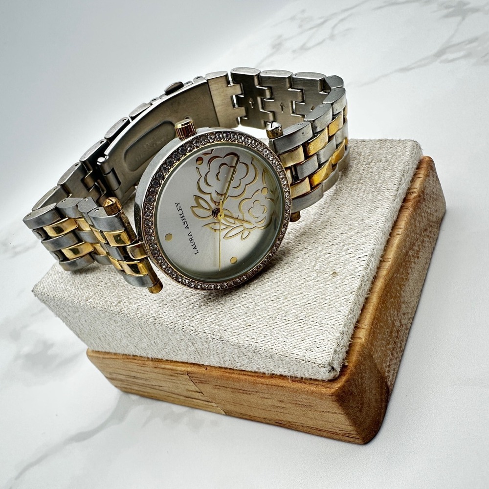 Vintage Laura Ashley Rhinestone Floral Embossed Analog Quartz Dial Classic